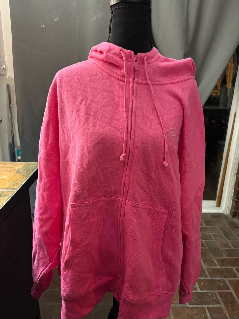 Pink Victoria Secret Bright Pink Zip-Up Hoodie with Hood and Drawstrings